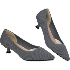 Women's Grey Kitten Heels Pumps Comfortable Knit Closed Toe Heels Casual